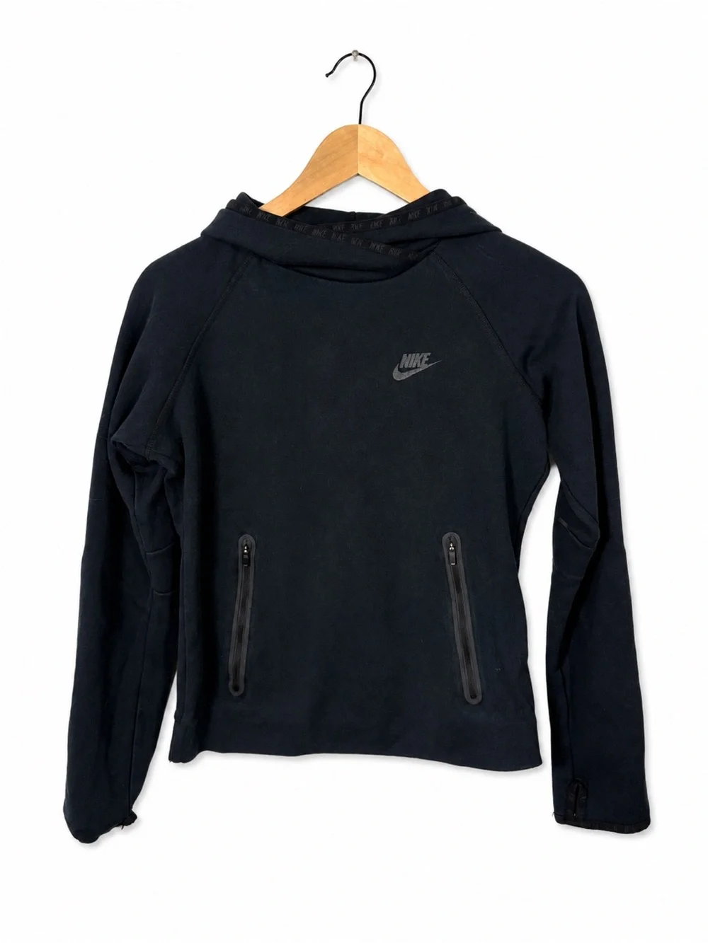 Nike Tech Fleece Hoodie Black Pullover Thumbholes Zip Pockets Size S